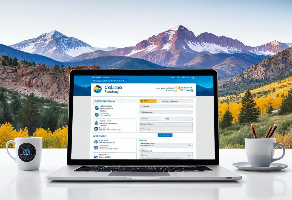 A detailed illustration of a laptop displaying the Colorado DMV website on the screen, with icons representing various online services like license renewals, car registrations, and document uploads around it. The background features the iconic Rocky Mountains to symbolize Colorado. The scene is well-lit and organized to emphasize ease and efficiency. vector art. vibrant colors. white background.