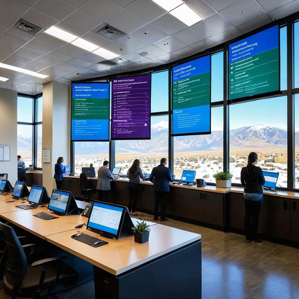 A modern DMV office with digital kiosks and a diverse group of people using various digital devices like tablets and smartphones. Include a colorful flowchart on a screen showing steps for driver permits and vehicle titles. The background should have a beautiful Colorado landscape visible through large windows. super-realistic. vibrant colors. 3D.