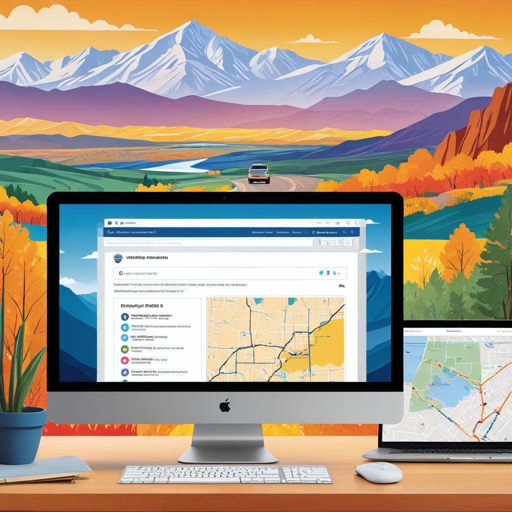A sleek computer screen displaying the Colorado DMV online portal, with a family happily navigating the website. In the background, a subtle Colorado mountain range silhouette with a car parked in front. The interface should show ease of use, with smooth-flowing lines and modern icons. vibrant colors. vector art.